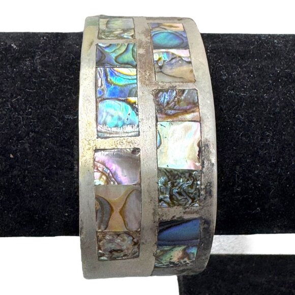 Vintage Abalone Shell & Metal Alpaca Inlaid Southwest Mosaic Cuff Bracelet 7.5” - Picture 7 of 7